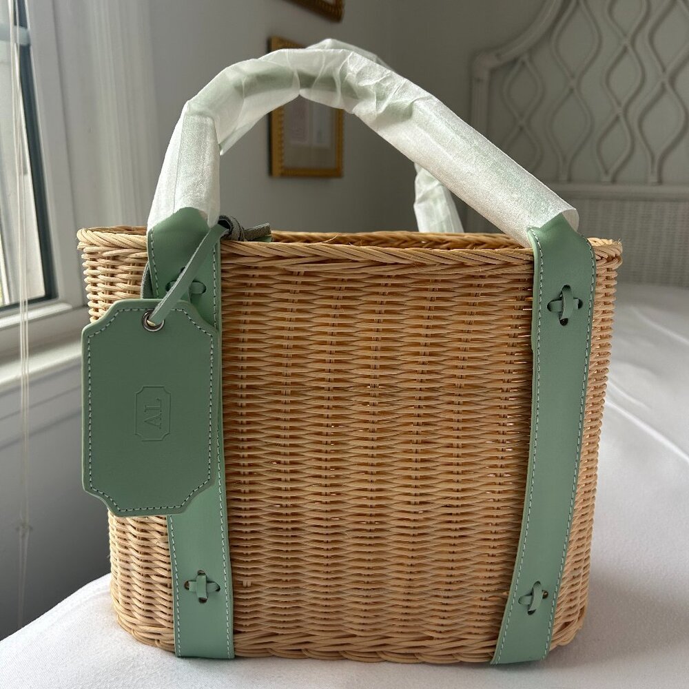 NWOT Amanda Lindroth Rattan and Leather Tote Bag Mint Green